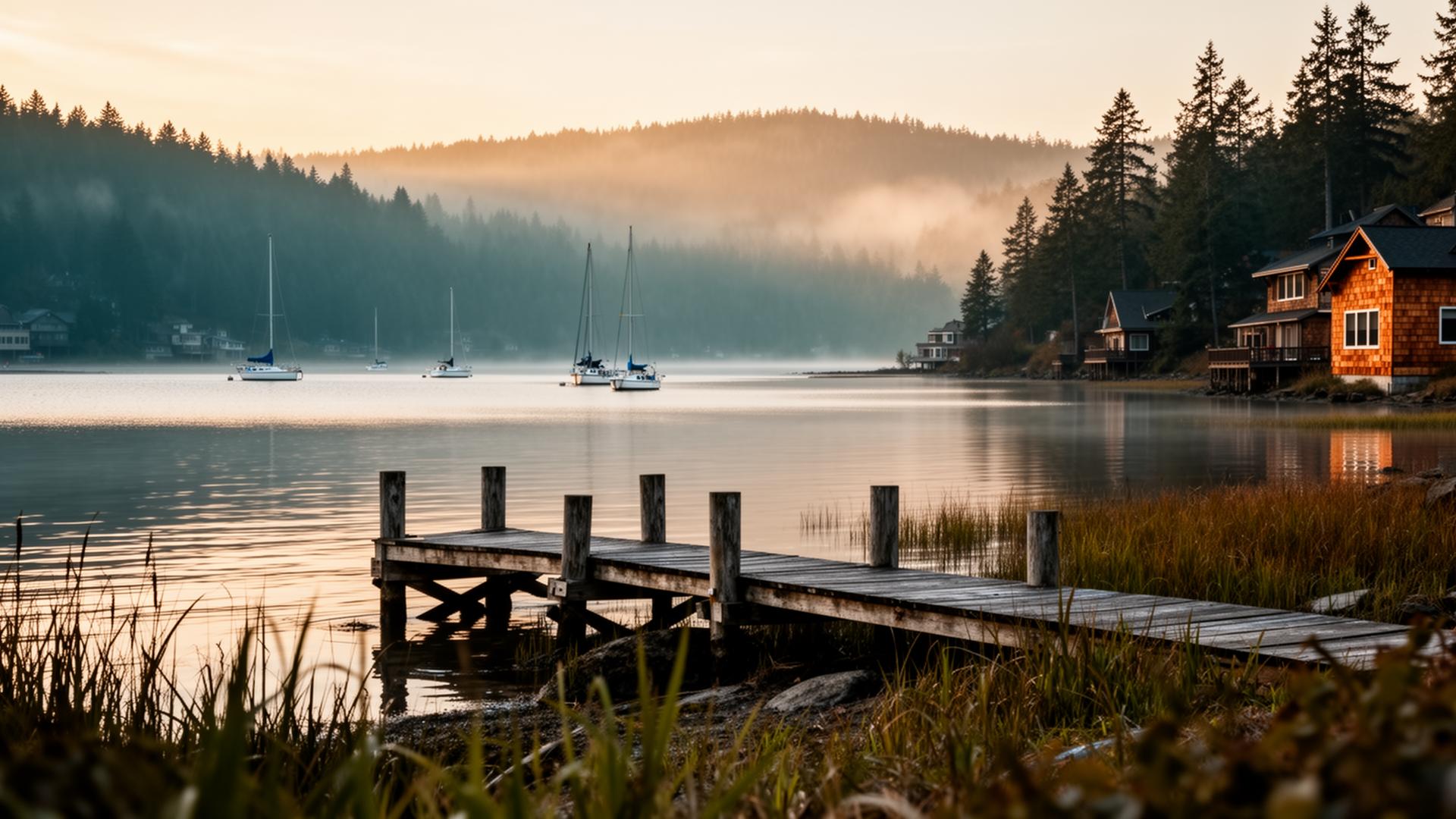 Quiet Puget Sound waterfront at golden hour near Poulsbo, Washington
